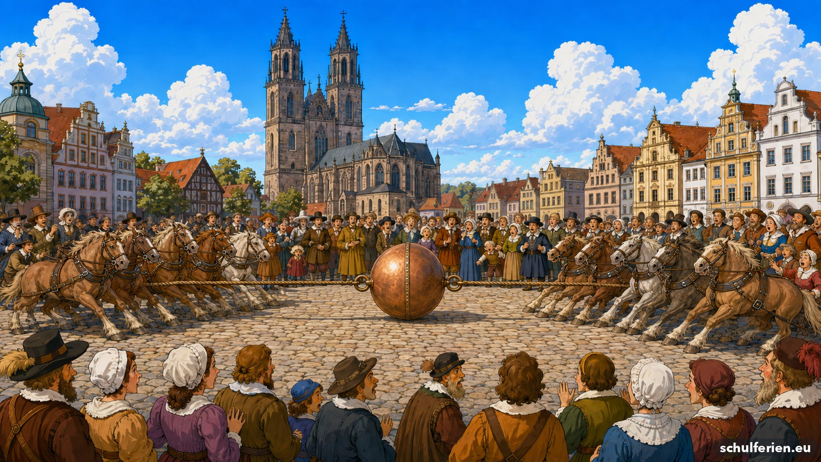 Gezeichnete Szene des Magdeburger Halbkugelversuchs von 1657: Auf einem Platz vor dem Dom ziehen Pferdegespanne von links und rechts an zwei zusammengepressten Kupferhalbkugeln, ringsum stehen Zuschauer in Kleidung des 17. Jahrhunderts