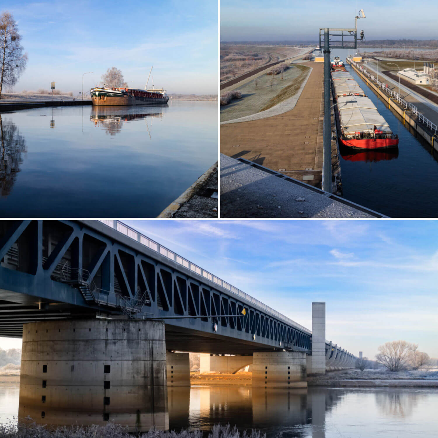 Wasserstraßenkreuz Magdeburg im Winter: Frachtschiff auf dem Kanal, Blick von oben in die Schleuse und die Trogbrücke von unten