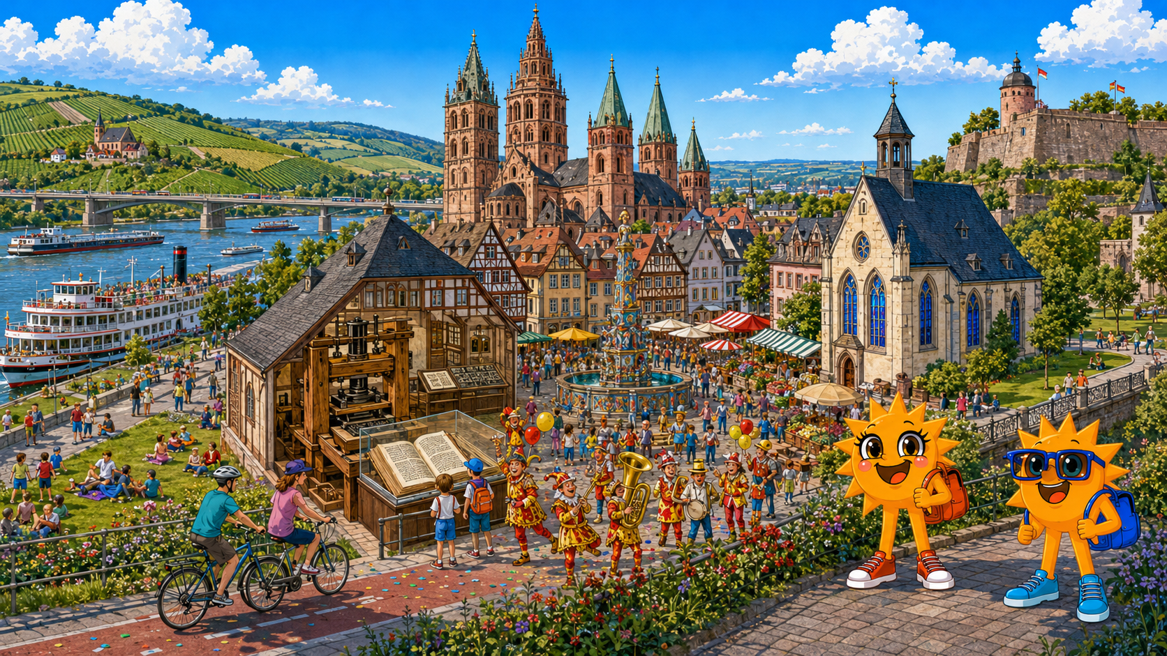 Gezeichnete Urlaubsszene aus Mainz mit den Maskottchen Sunny und Ray
