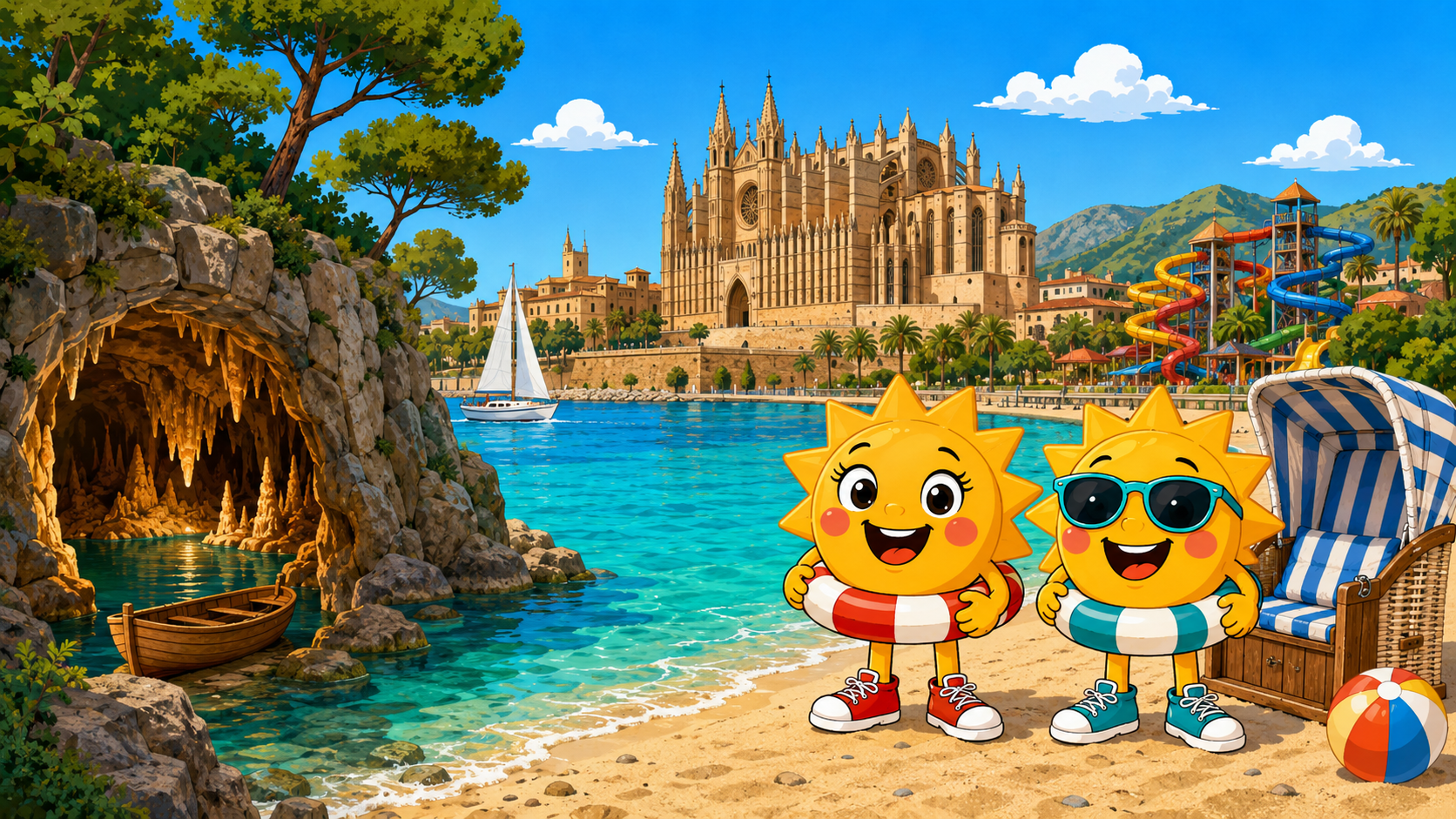 Gezeichnete Urlaubsszene aus Mallorca mit den Maskottchen Sunny und Ray