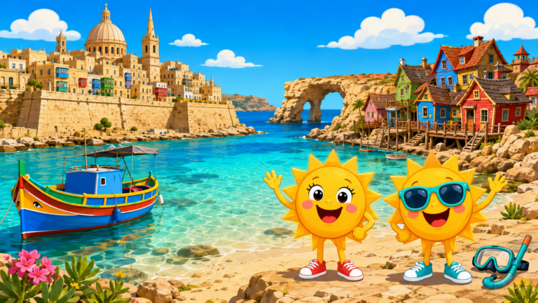 Gezeichnete Urlaubsszene aus Malta mit den Maskottchen Sunny und Ray