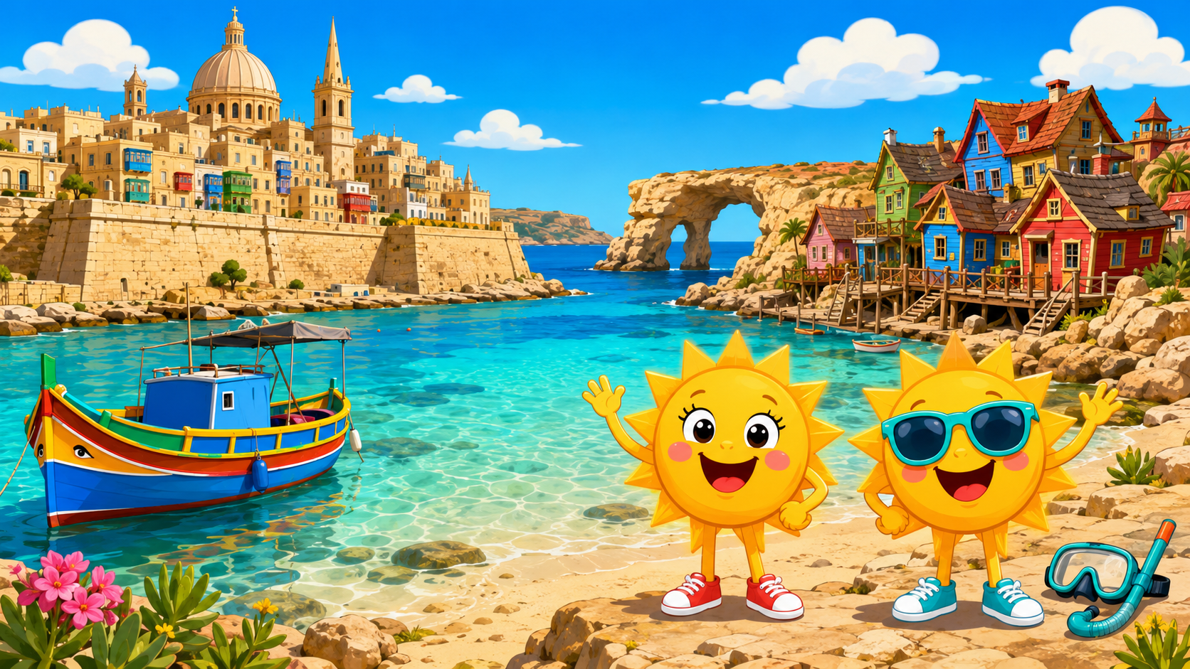 Gezeichnete Urlaubsszene aus Malta mit den Maskottchen Sunny und Ray