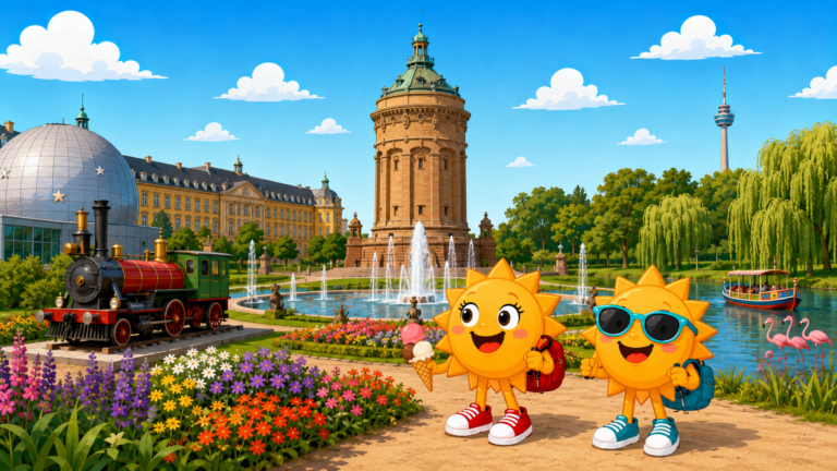 Gezeichnete Urlaubsszene aus Mannheim mit den Maskottchen Sunny und Ray