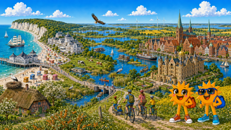 Gezeichnete Urlaubsszene aus Mecklenburg-Vorpommern mit den Maskottchen Sunny und Ray