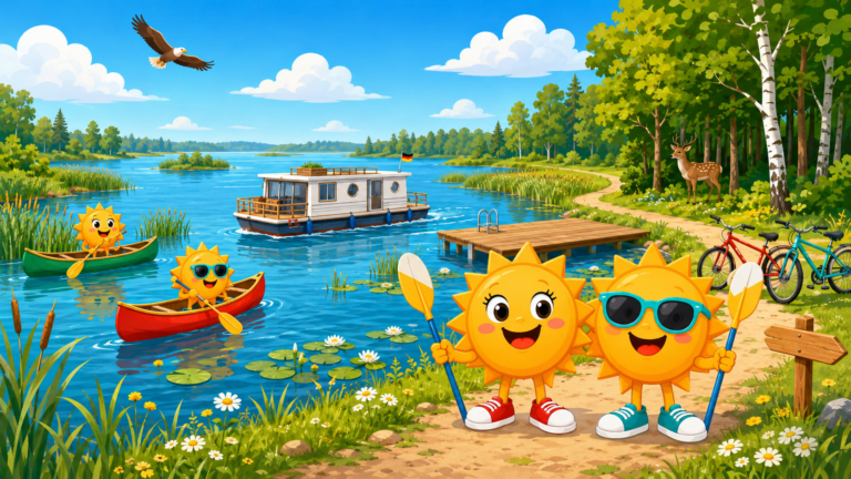 Gezeichnete Urlaubsszene aus Mecklenburgische Seenplatte mit den Maskottchen Sunny und Ray