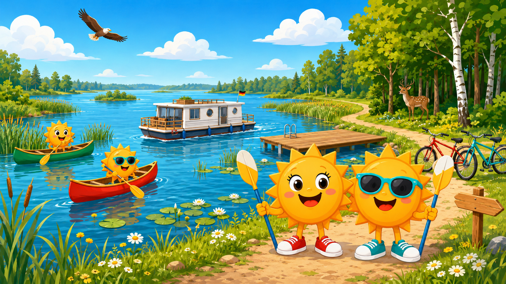 Gezeichnete Urlaubsszene aus Mecklenburgische Seenplatte mit den Maskottchen Sunny und Ray