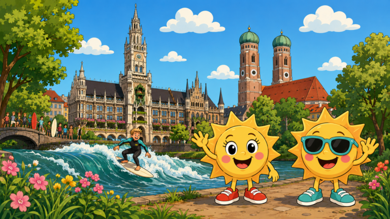 Sunny und Ray an der Eisbachwelle in München mit Neuem Rathaus und Frauenkirche