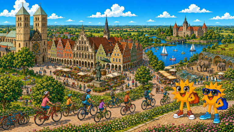 Gezeichnete Urlaubsszene aus Münster mit den Maskottchen Sunny und Ray