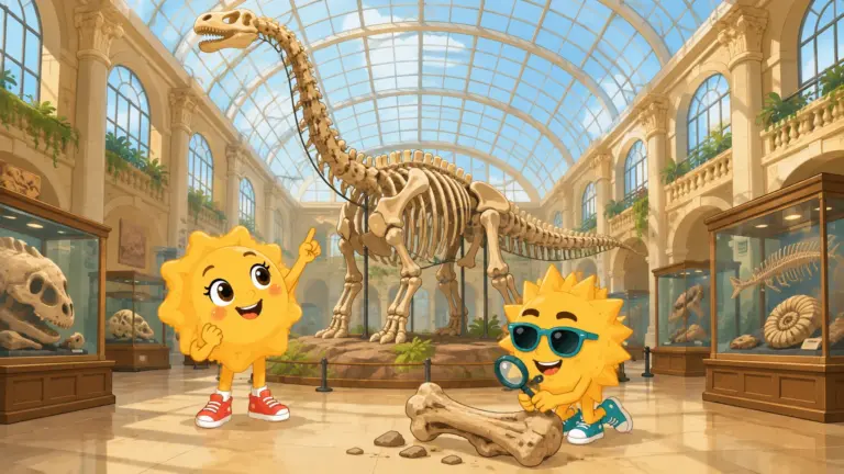 Sunny zeigt nach oben zum Brachiosaurus-Skelett im Lichthof des Naturkundemuseums, Ray untersucht einen Knochen mit der Lupe