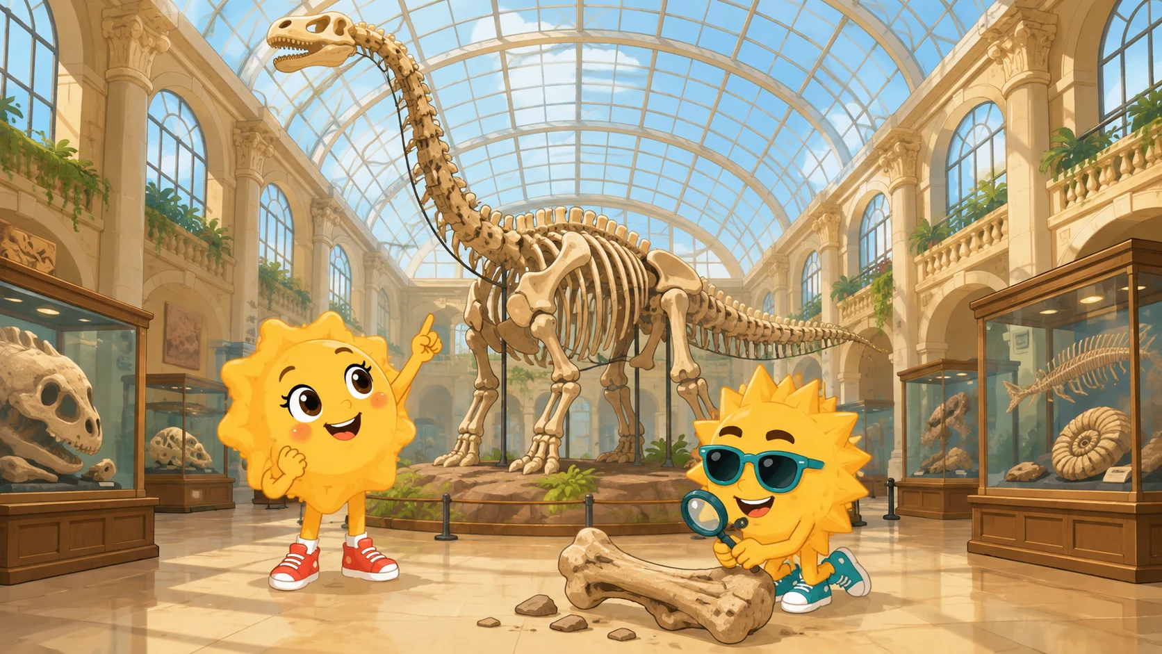 Sunny zeigt nach oben zum Brachiosaurus-Skelett im Lichthof des Naturkundemuseums, Ray untersucht einen Knochen mit der Lupe