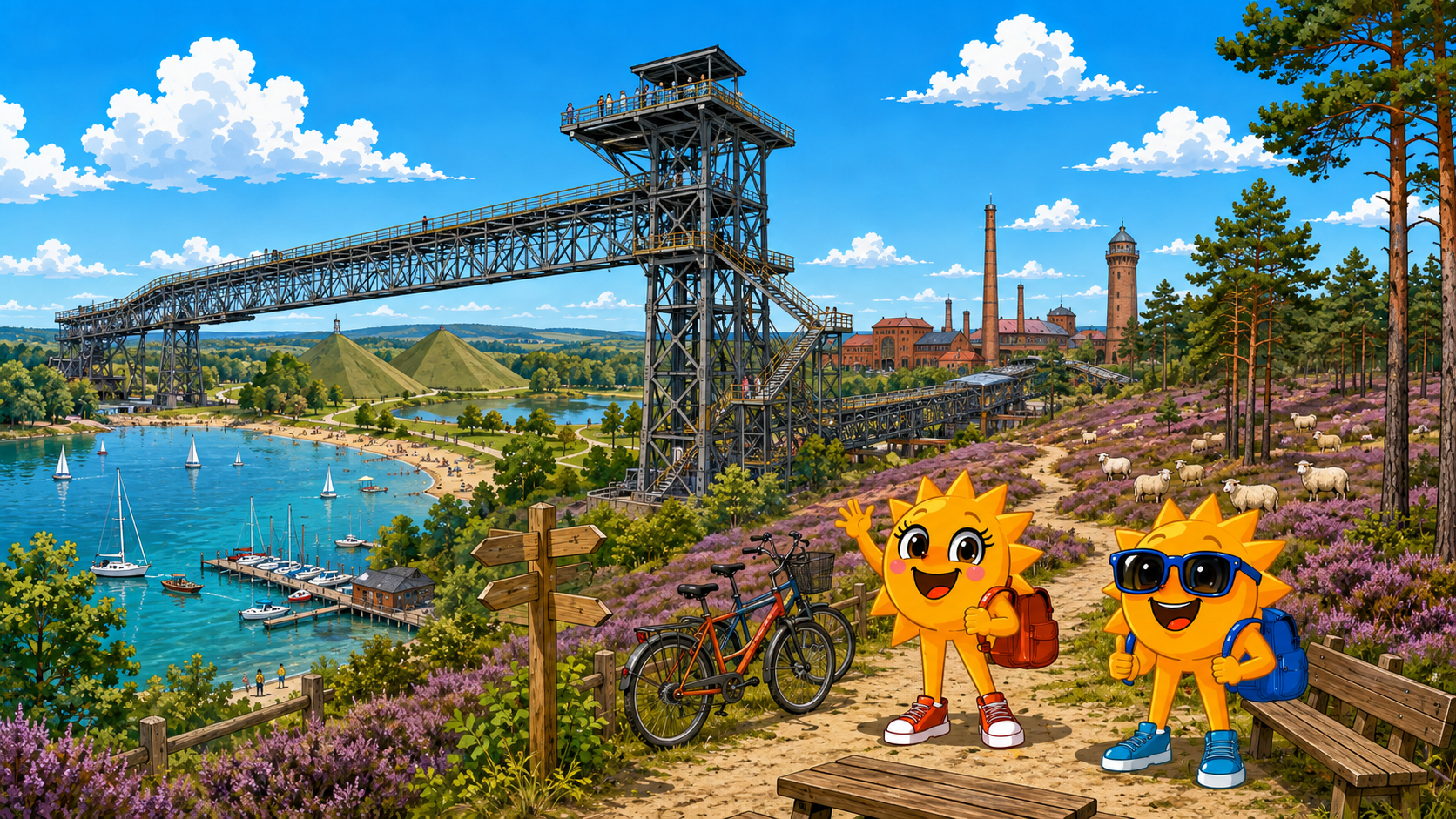 Gezeichnete Urlaubsszene aus Niederlausitz mit den Maskottchen Sunny und Ray