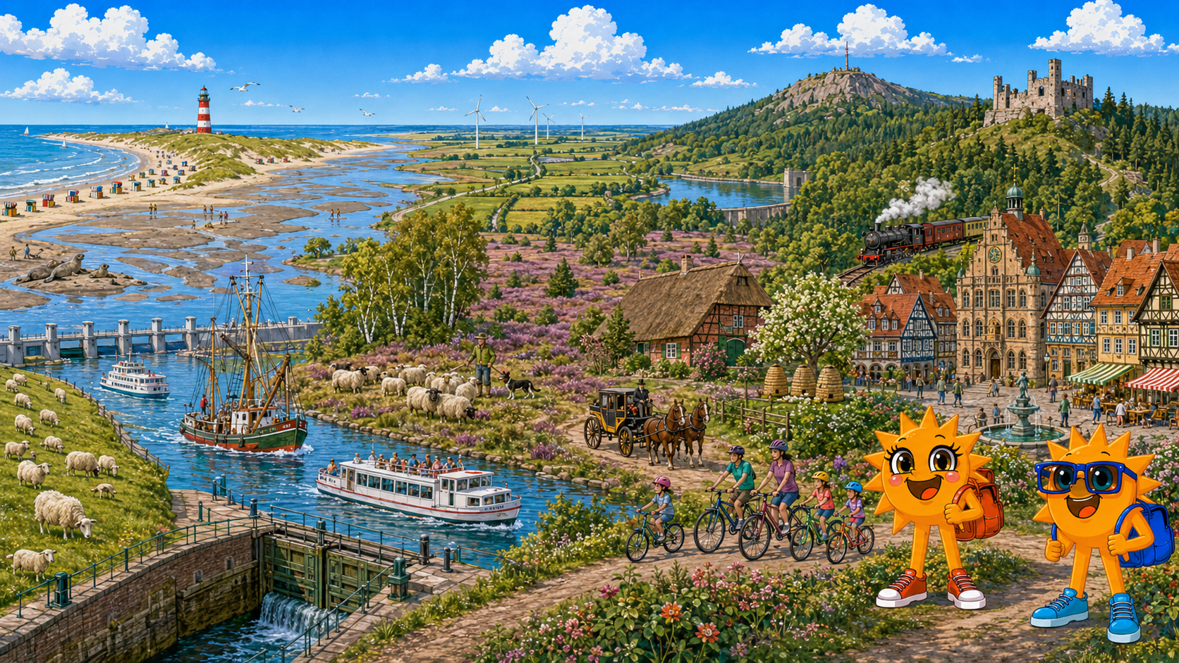 Gezeichnete Urlaubsszene aus Niedersachsen mit den Maskottchen Sunny und Ray