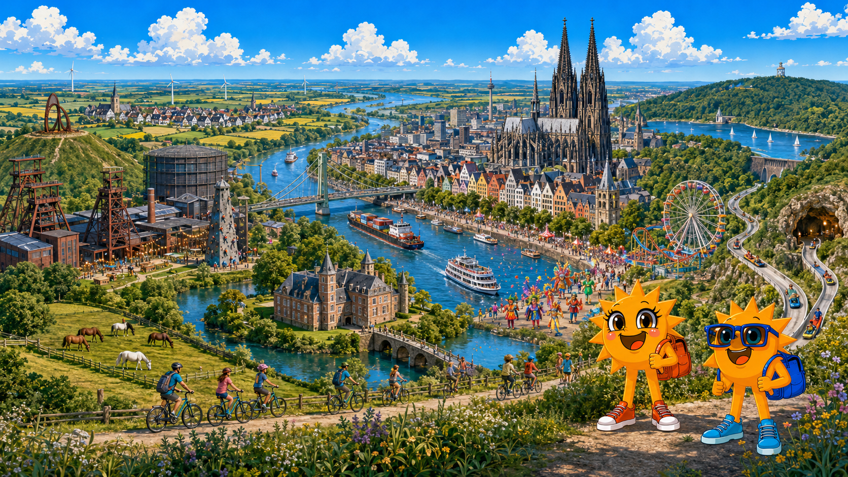 Gezeichnete Urlaubsszene aus Nordrhein-Westfalen mit den Maskottchen Sunny und Ray