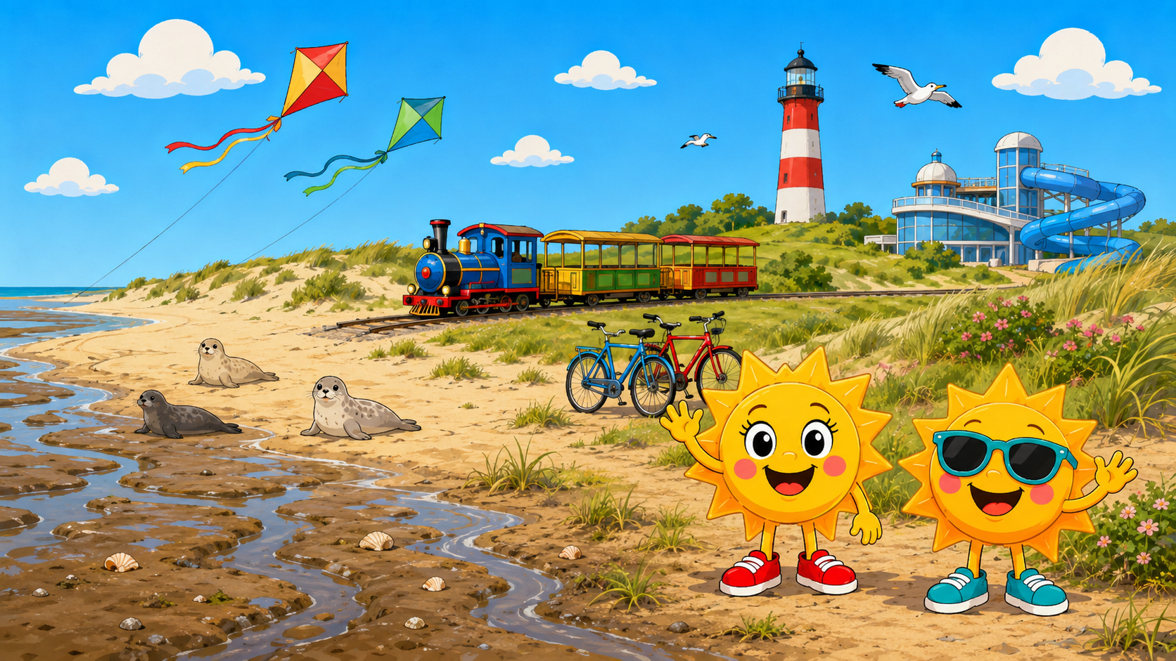 Gezeichnete Urlaubsszene aus Ostfriesische Inseln mit den Maskottchen Sunny und Ray