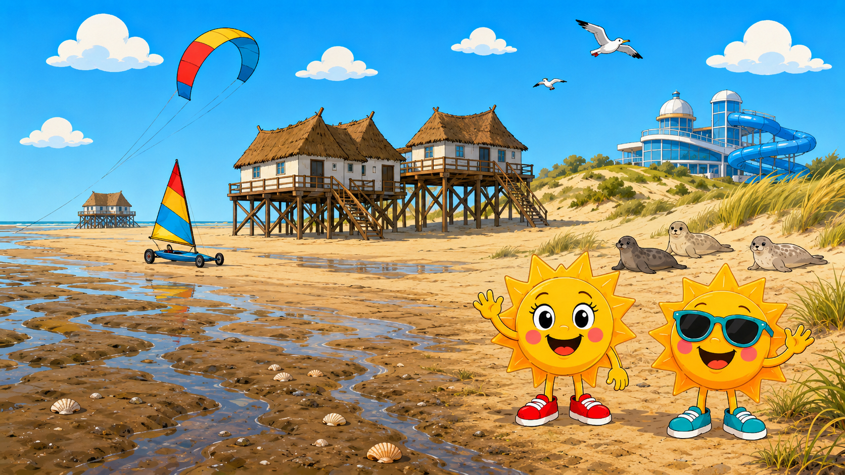 Gezeichnete Urlaubsszene aus St. Peter-Ording mit den Maskottchen Sunny und Ray