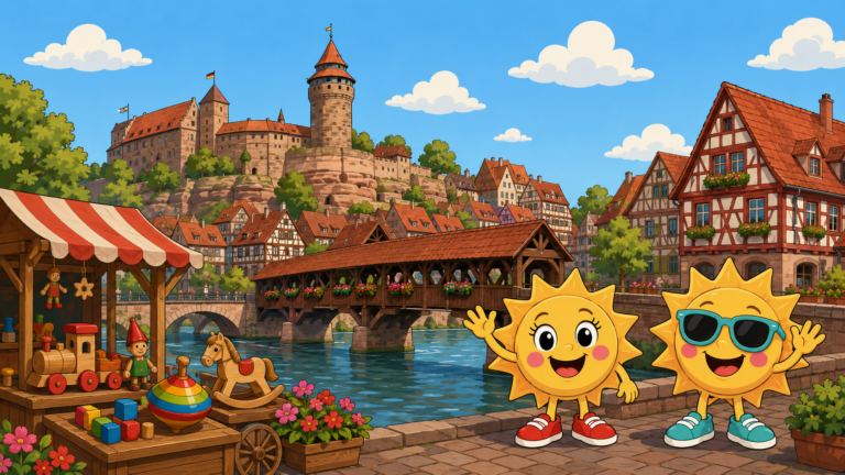 Sunny und Ray an der Pegnitz in Nürnberg mit Kaiserburg, Henkersteg und Holzspielzeugstand