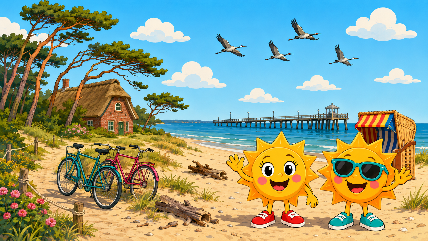 Gezeichnete Urlaubsszene aus Fischland-Darß-Zingst mit den Maskottchen Sunny und Ray