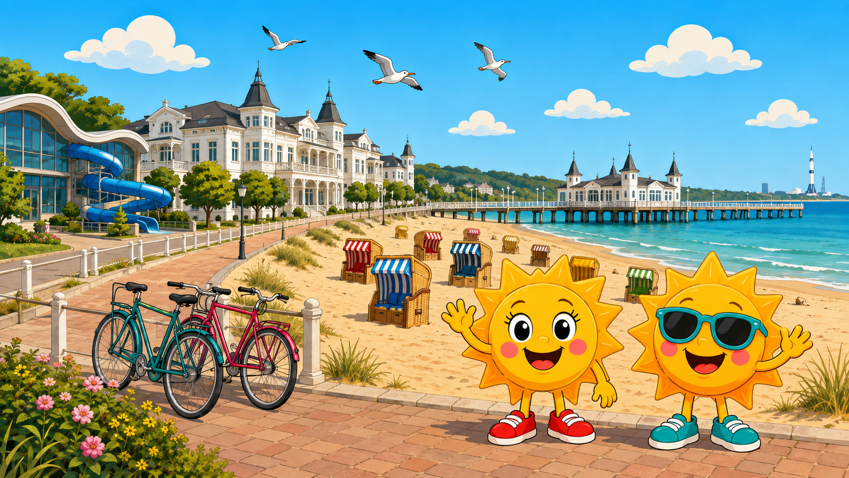 Gezeichnete Urlaubsszene aus Usedom mit den Maskottchen Sunny und Ray