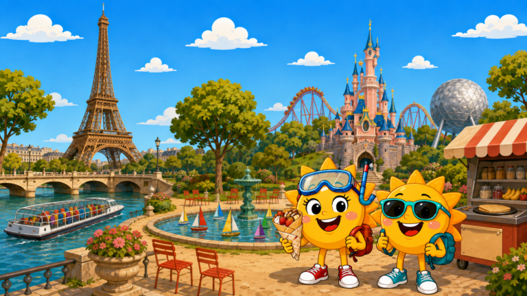 Gezeichnete Urlaubsszene aus Paris mit den Maskottchen Sunny und Ray