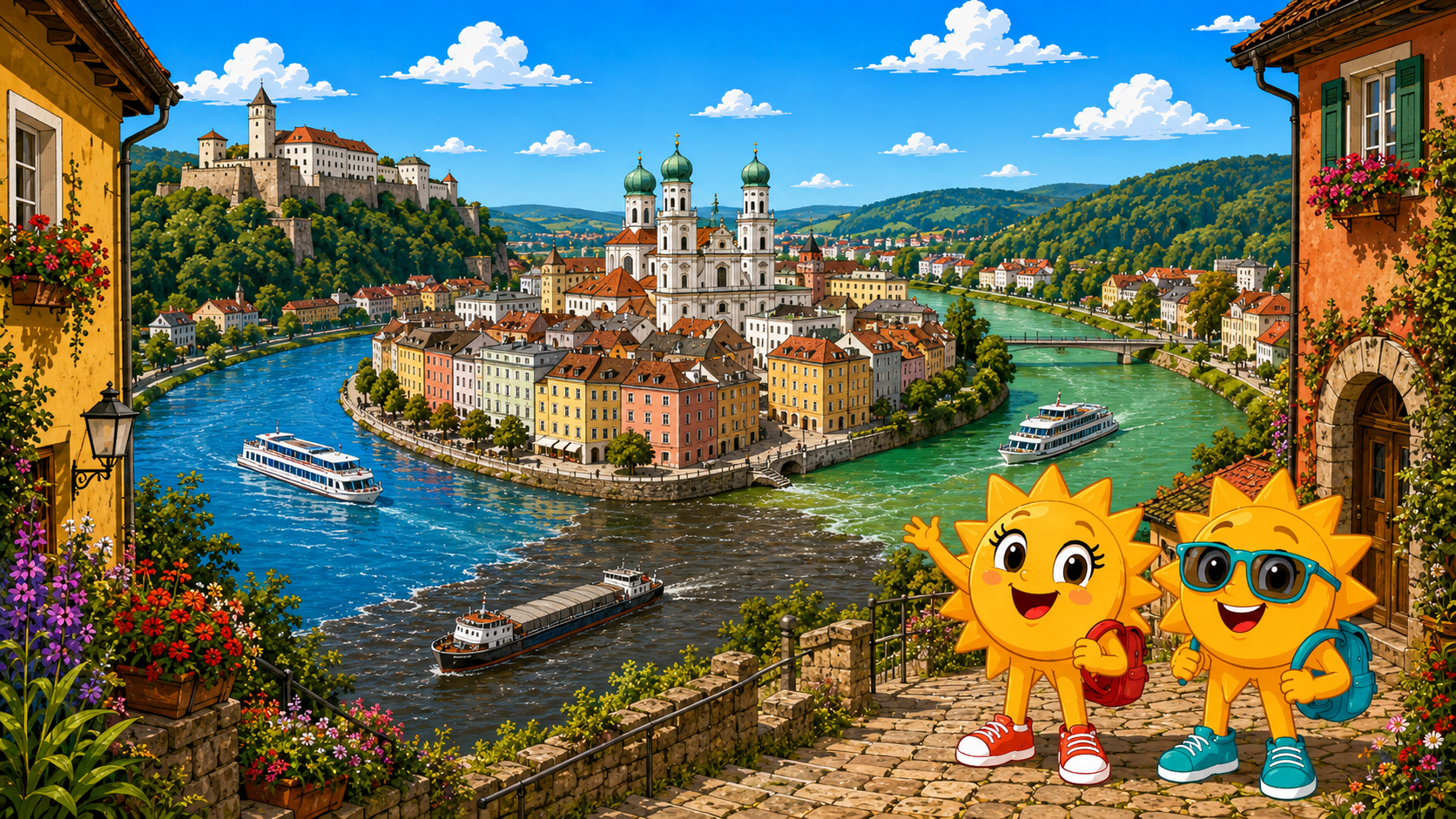 Gezeichnete Urlaubsszene aus Passau mit den Maskottchen Sunny und Ray