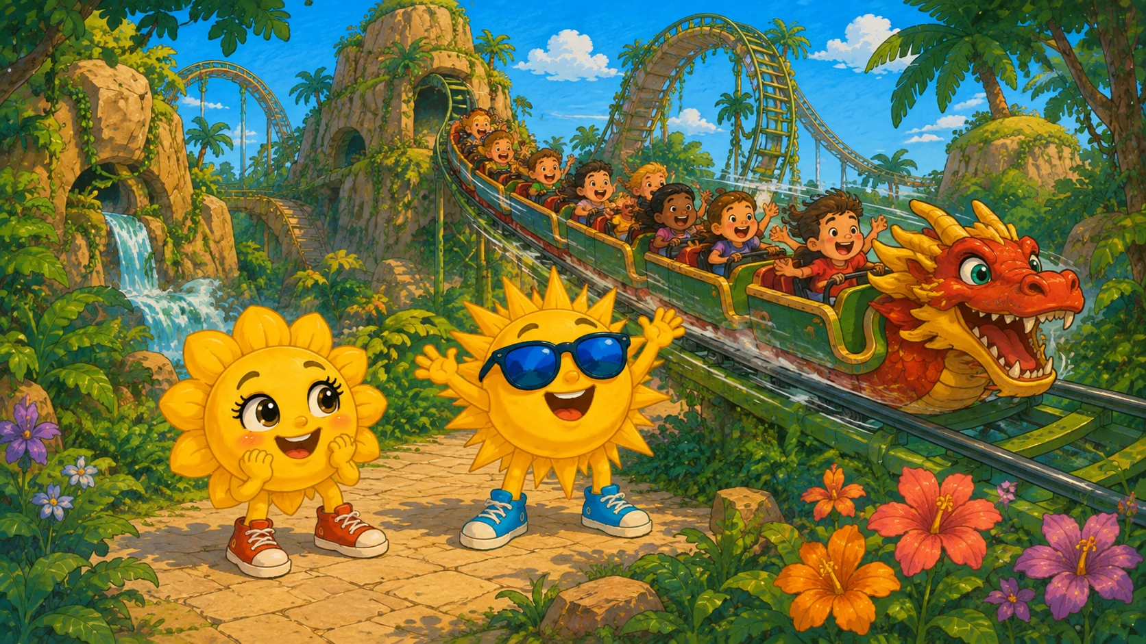 Sunny und Ray winken einer Achterbahn mit Drachenkopf im Phantasialand zu, dahinter Felsen und ein Wasserfall