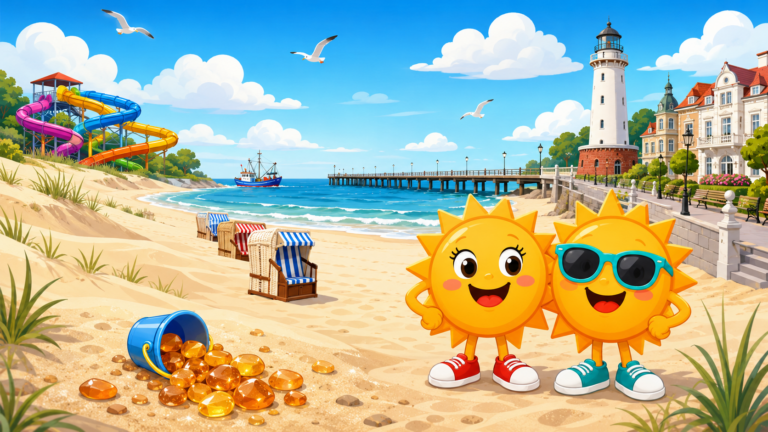 Gezeichnete Urlaubsszene aus Polnische Ostseeküste mit den Maskottchen Sunny und Ray