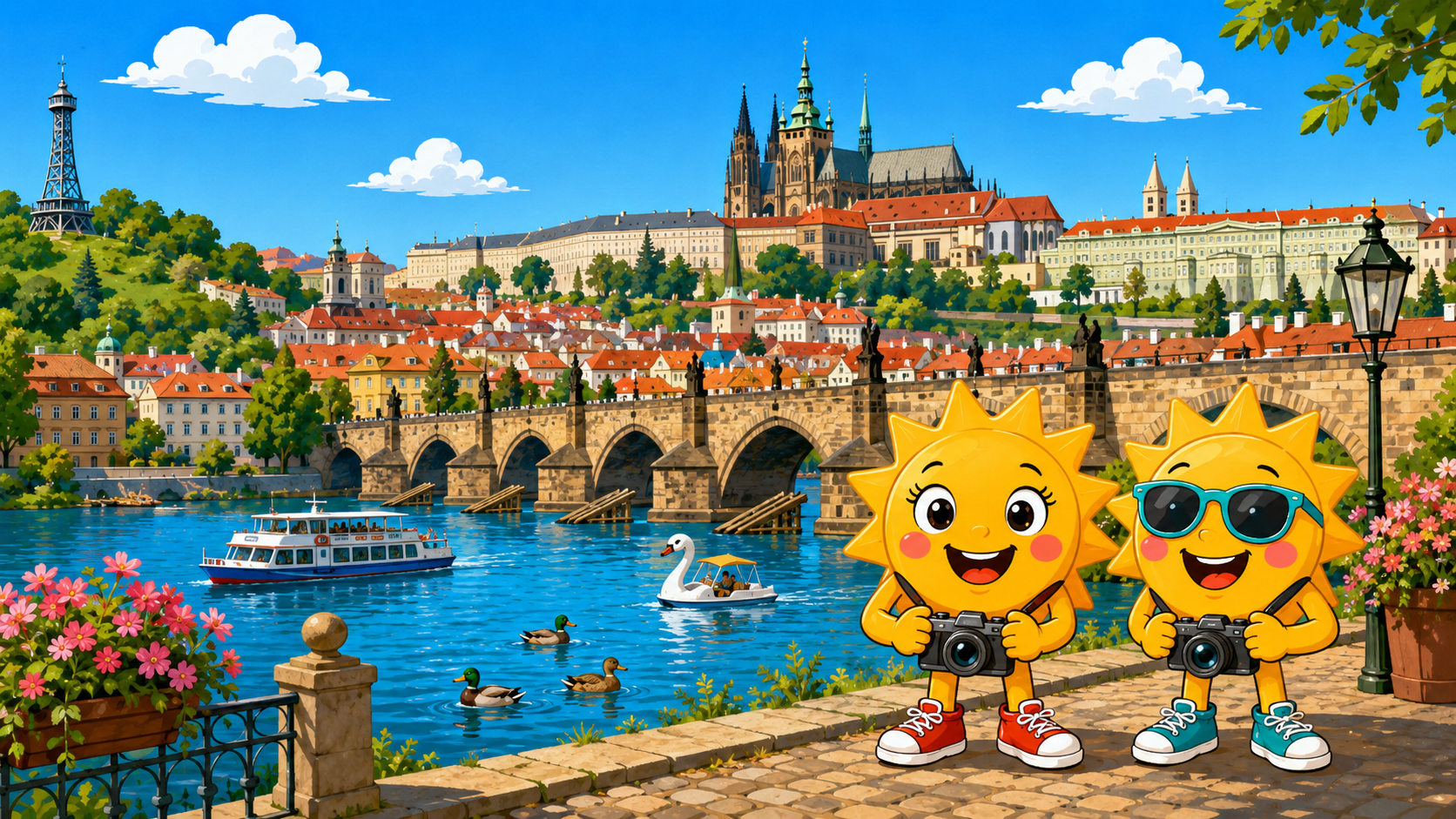 Gezeichnete Urlaubsszene aus Prag mit den Maskottchen Sunny und Ray