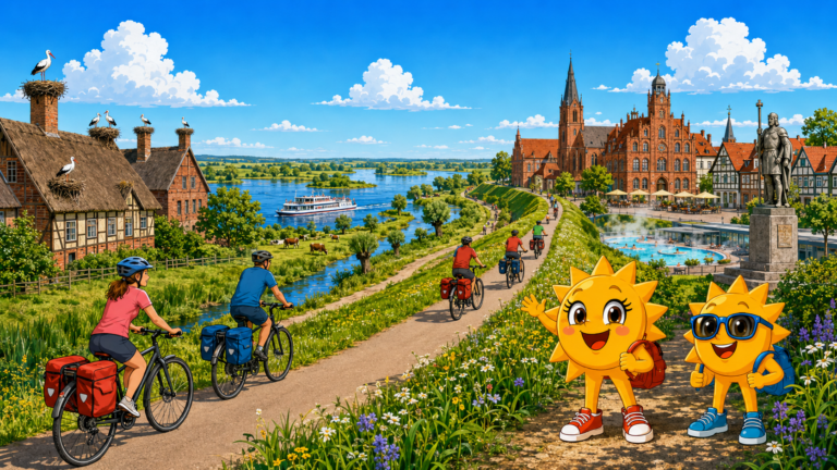 Gezeichnete Urlaubsszene aus Prignitz mit den Maskottchen Sunny und Ray