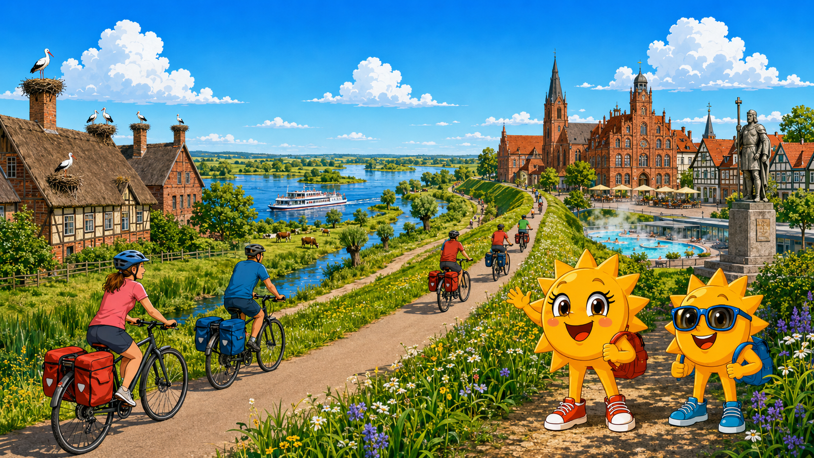 Gezeichnete Urlaubsszene aus Prignitz mit den Maskottchen Sunny und Ray