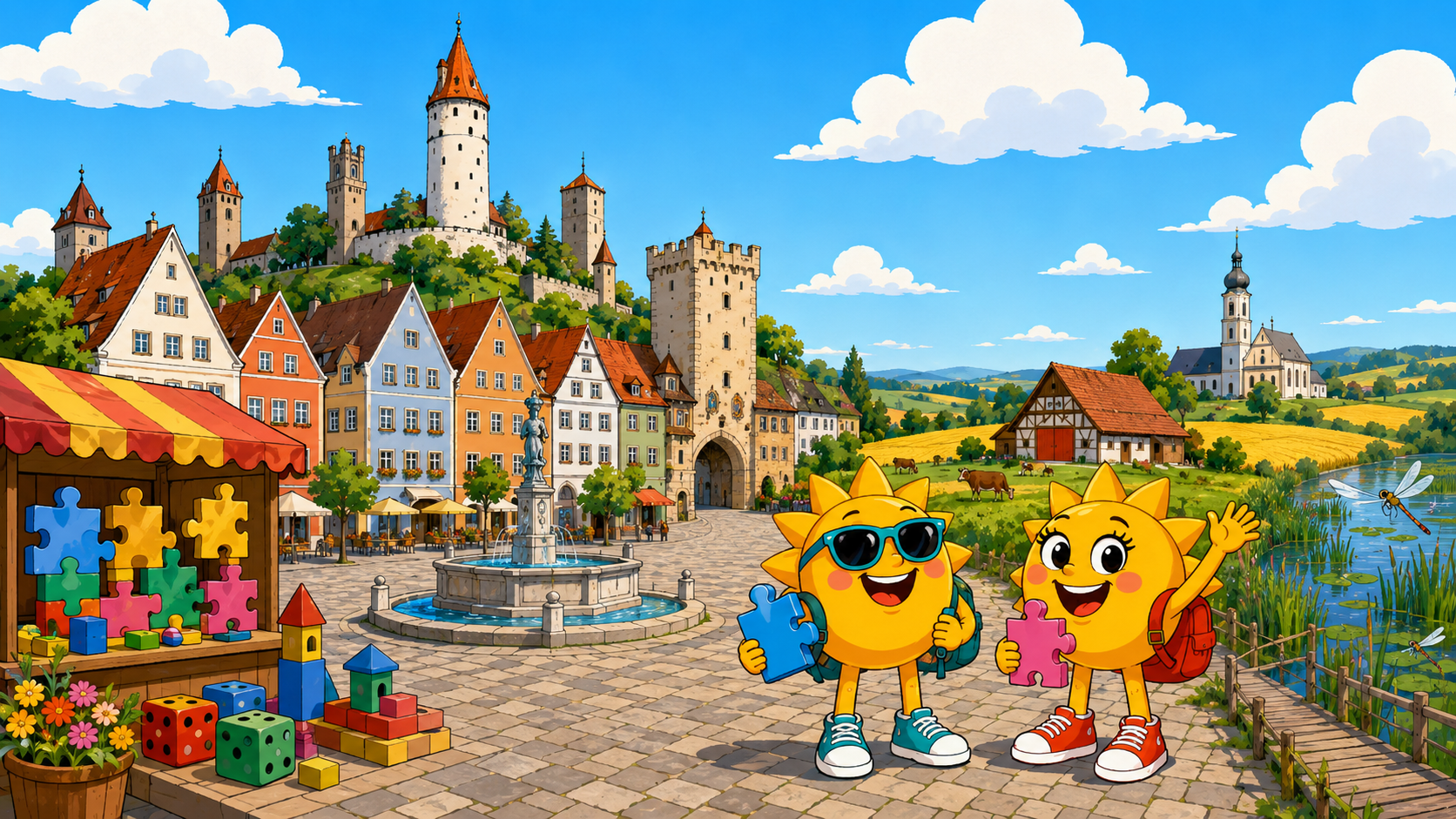 Gezeichnete Urlaubsszene aus Ravensburg und Oberschwaben mit den Maskottchen Sunny und Ray