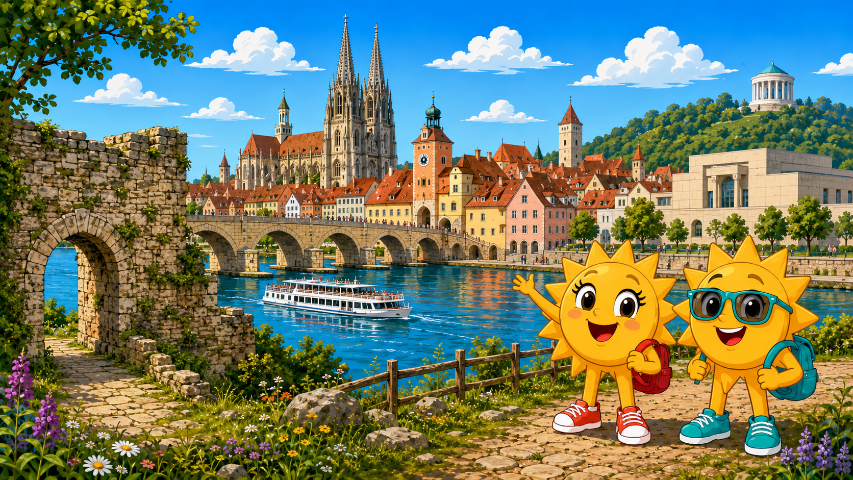 Gezeichnete Urlaubsszene aus Regensburg mit den Maskottchen Sunny und Ray