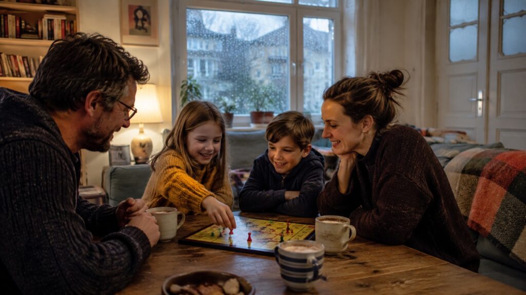 Familie spielt am Wohnzimmertisch ein Brettspiel, draußen regnet es ans Fenster
