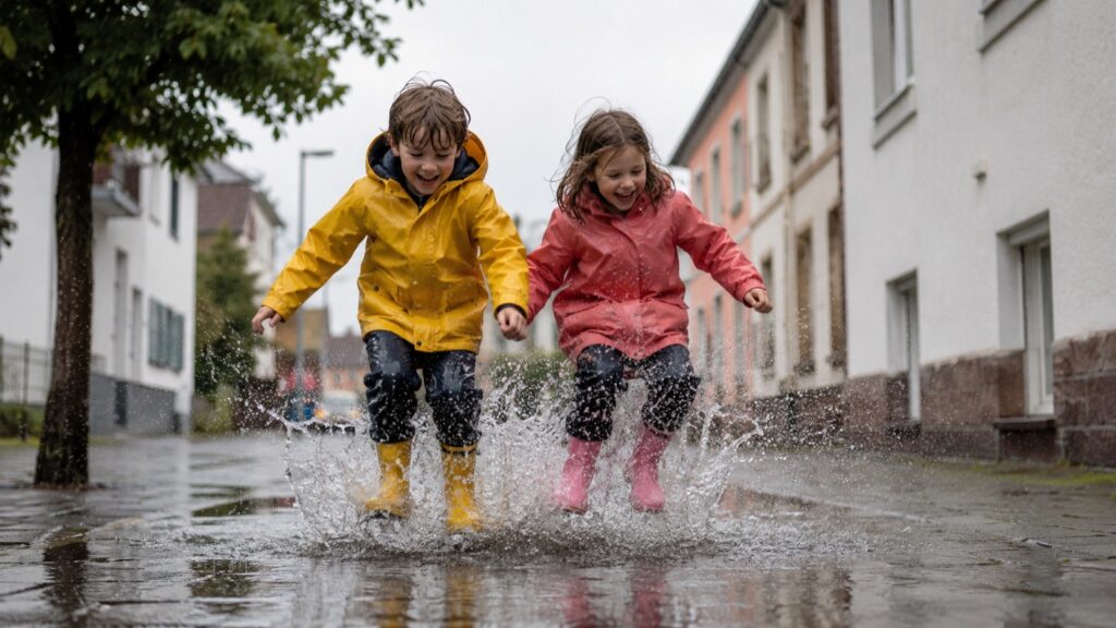 Zwei Kinder in Regenjacken springen an einem Regentag in eine Pfütze