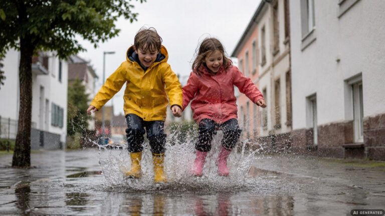 Zwei Kinder in Regenjacken springen an einem Regentag in eine Pfütze