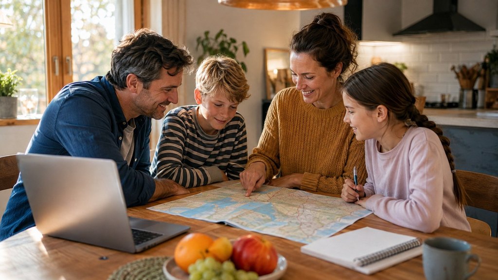 Familie sitzt am Küchentisch und plant gemeinsam mit Landkarte und Laptop den Urlaub