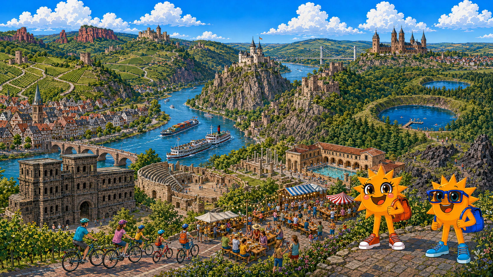 Gezeichnete Urlaubsszene aus Rheinland-Pfalz mit den Maskottchen Sunny und Ray