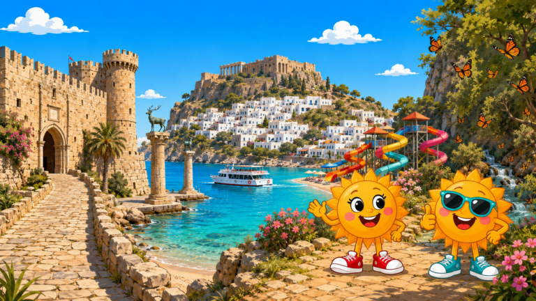 Gezeichnete Urlaubsszene aus Rhodos mit den Maskottchen Sunny und Ray