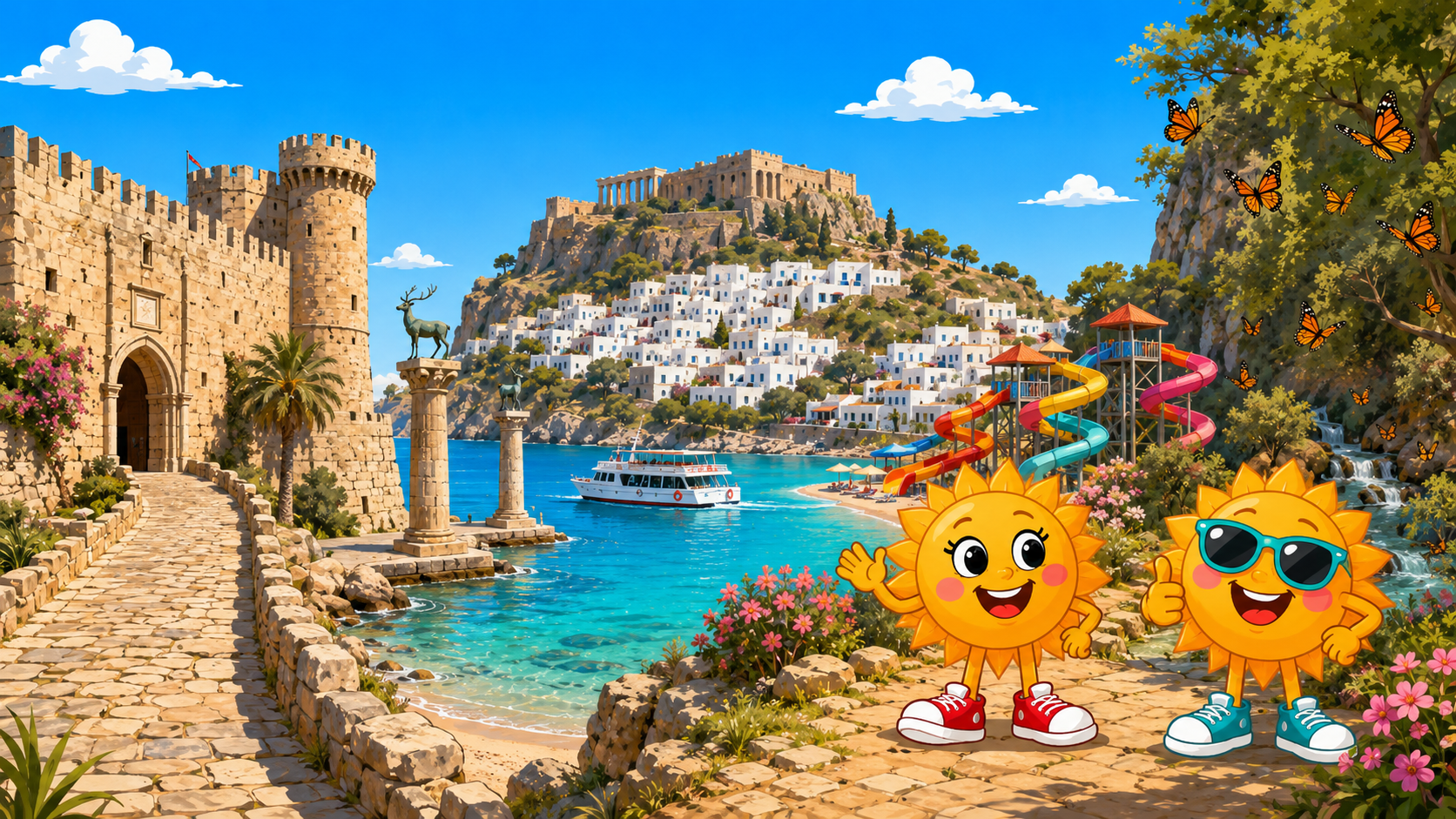 Gezeichnete Urlaubsszene aus Rhodos mit den Maskottchen Sunny und Ray