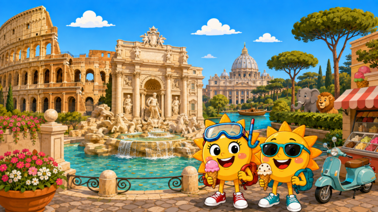 Gezeichnete Urlaubsszene aus Rom mit den Maskottchen Sunny und Ray