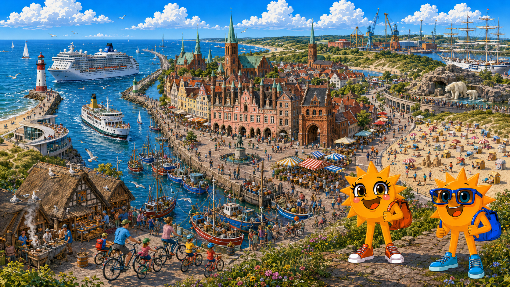 Gezeichnete Urlaubsszene aus Rostock und Warnemünde mit den Maskottchen Sunny und Ray: links der Leuchtturm und ein Kreuzfahrtschiff an der Hafeneinfahrt, Fischkutter am Alten Strom, in der Mitte die Backsteingotik-Altstadt mit Rathaus und Stadttor, rechts der Ostseestrand mit Strandkörben, ein Eisbärgehege sowie Werftkräne und ein Großsegler