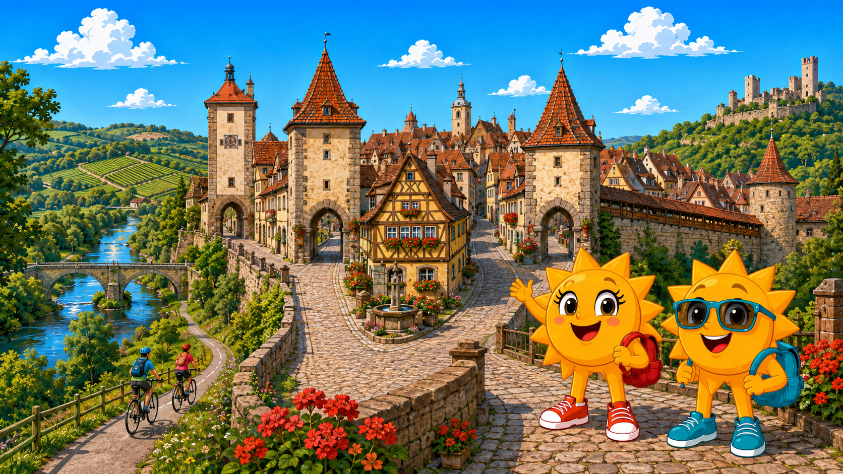 Gezeichnete Urlaubsszene aus Rothenburg ob der Tauber und Taubertal mit den Maskottchen Sunny und Ray