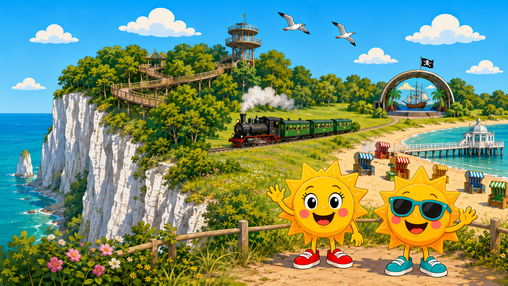 Gezeichnete Urlaubsszene aus Rügen mit den Maskottchen Sunny und Ray