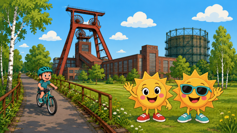 Sunny und Ray im Ruhrgebiet vor dem Fördergerüst der Zeche Zollverein mit Radweg und Gasometer