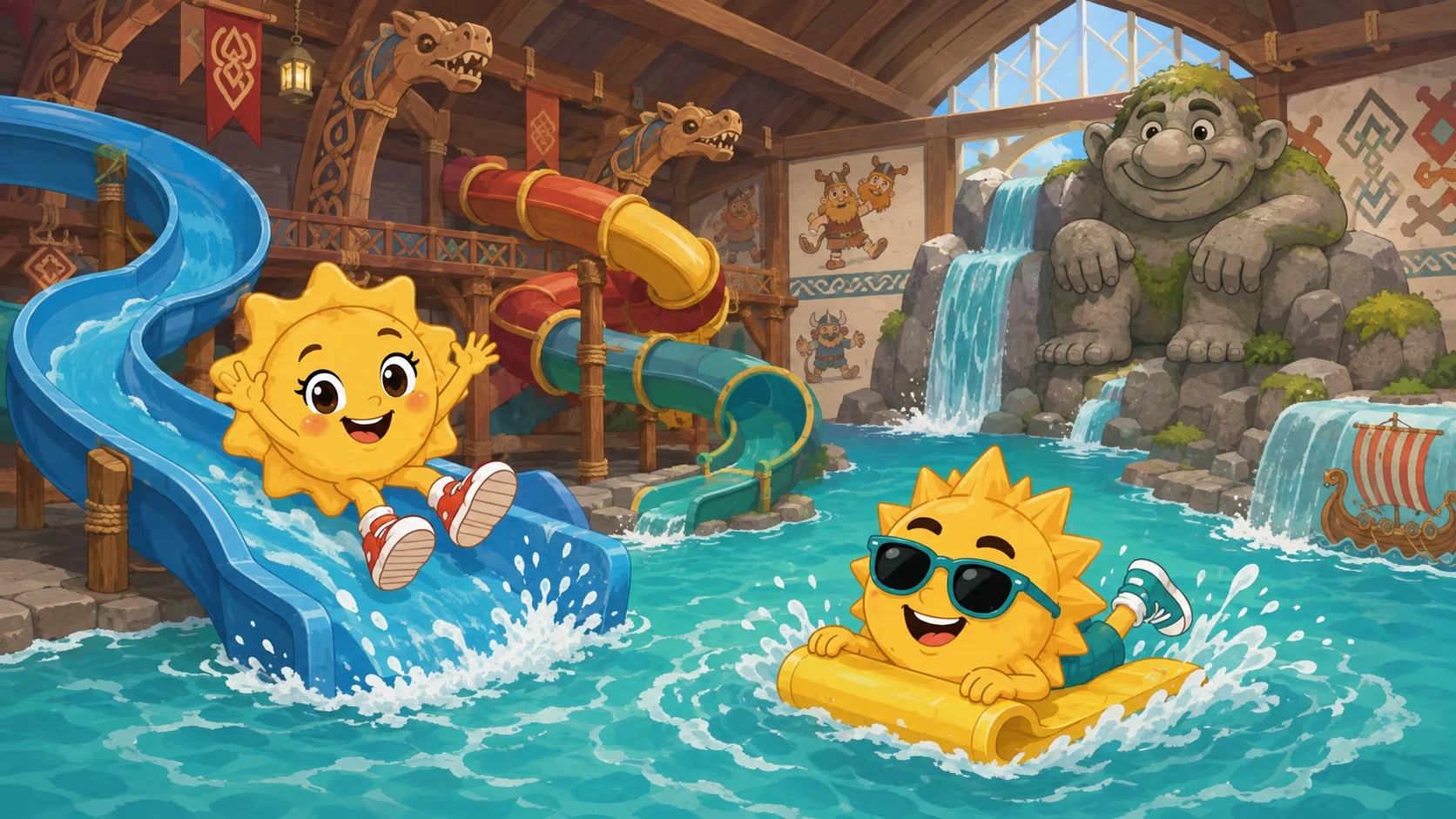 Sunny rutscht eine blaue Wasserrutsche in Rulantica hinunter, Ray treibt auf einem Reifen im Wasser, dahinter Trollfiguren und ein Wasserfall