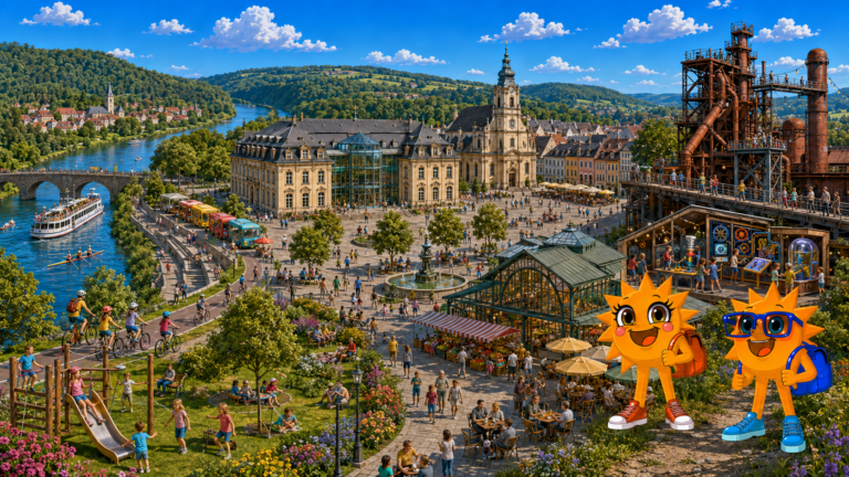 Gezeichnete Urlaubsszene aus Saarbrücken mit den Maskottchen Sunny und Ray: ein Ausflugsschiff und Ruderboote auf der Saar, die alte Steinbrücke, ein barockes Schloss und eine Barockkirche am Platz, Marktstände und Cafés, ein Spielplatz am Ufer und rechts ein Industriedenkmal mit Hochofen