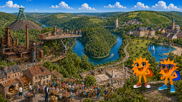 Gezeichnete Urlaubsszene aus dem Saarland mit den Maskottchen Sunny und Ray: links ein altes Eisenhüttenwerk mit Hochöfen und Fördergerüst, in der Mitte eine Aussichtsplattform über der Saarschleife mit Ausflugsschiff, rechts Weinberge, römische Ruinen und ein Dorffest mit langen Tischen und Blasmusik