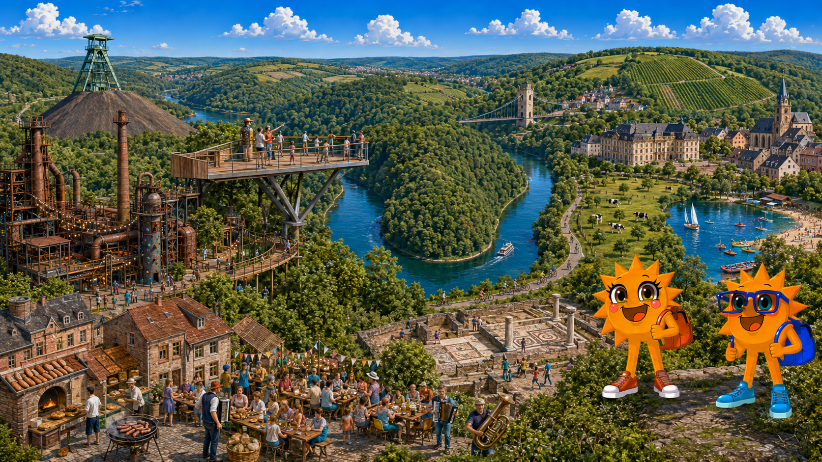 Gezeichnete Urlaubsszene aus dem Saarland mit den Maskottchen Sunny und Ray: links ein altes Eisenhüttenwerk mit Hochöfen und Fördergerüst, in der Mitte eine Aussichtsplattform über der Saarschleife mit Ausflugsschiff, rechts Weinberge, römische Ruinen und ein Dorffest mit langen Tischen und Blasmusik