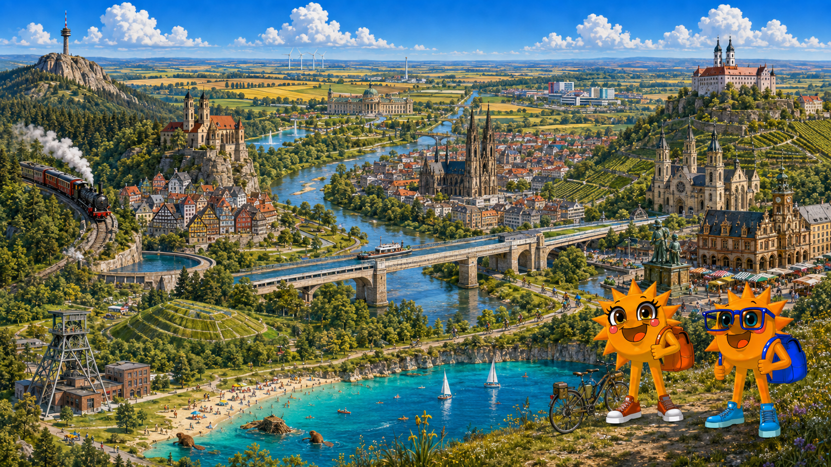 Gezeichnete Urlaubsszene aus Sachsen-Anhalt mit den Maskottchen Sunny und Ray: eine Dampflok fährt durch den Harz, an der Saale liegen Fachwerkstädte, Dome und Schlösser, im Vordergrund ein Förderturm und ein Badesee mit Sandstrand, Seglern und Kanus