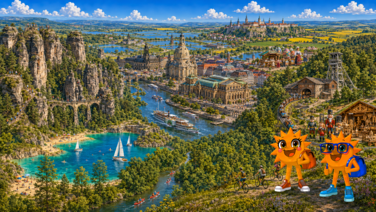 Gezeichnete Urlaubsszene aus Sachsen mit den Maskottchen Sunny und Ray: links die Felsnadeln und die Basteibrücke der Sächsischen Schweiz, in der Mitte die Dresdner Altstadt mit Frauenkirche, Semperoper und Raddampfern auf der Elbe, rechts ein Erzgebirgsbergwerk mit Förderturm, dazu ein türkisfarbener Badesee mit Seglern und Kanus