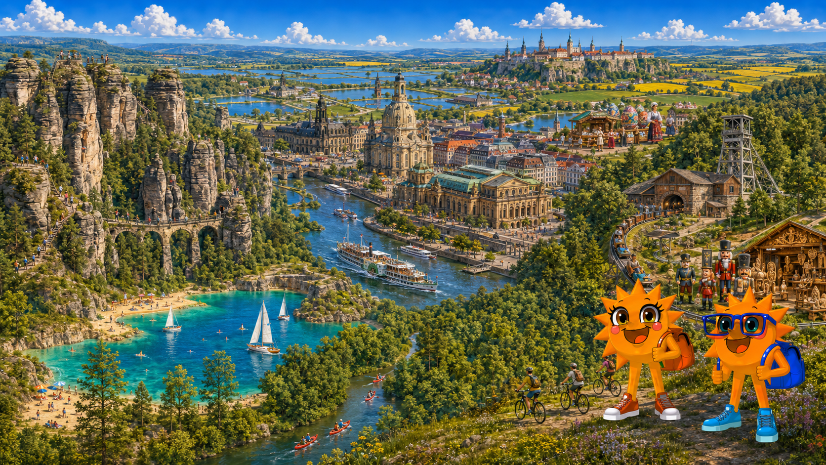 Gezeichnete Urlaubsszene aus Sachsen mit den Maskottchen Sunny und Ray: links die Felsnadeln und die Basteibrücke der Sächsischen Schweiz, in der Mitte die Dresdner Altstadt mit Frauenkirche, Semperoper und Raddampfern auf der Elbe, rechts ein Erzgebirgsbergwerk mit Förderturm, dazu ein türkisfarbener Badesee mit Seglern und Kanus